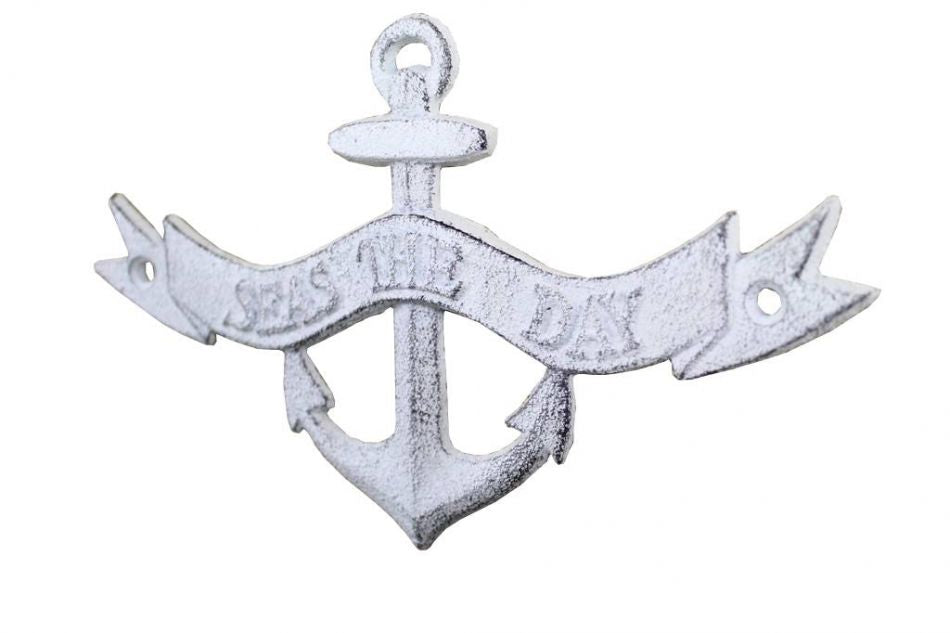 Whitewashed Cast Iron Seas the Day Anchor Sign 8""