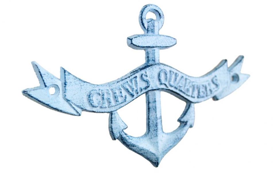 Dark Blue Whitewashed Cast Iron Crews Quarters Anchor Sign 8""