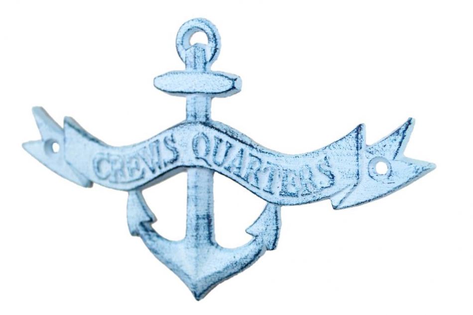 Dark Blue Whitewashed Cast Iron Crews Quarters Anchor Sign 8""