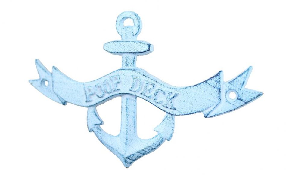 Dark Blue Whitewashed Cast Iron Poop Deck Anchor Sign 8""