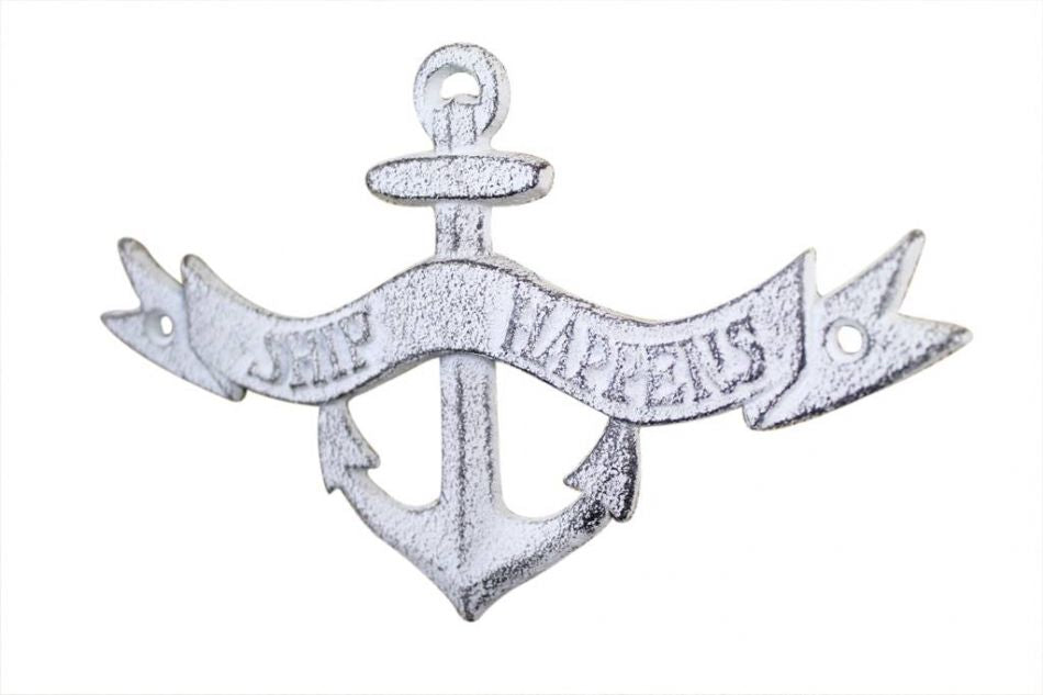 Whitewashed Cast Iron Ship Happens Anchor Sign 8""