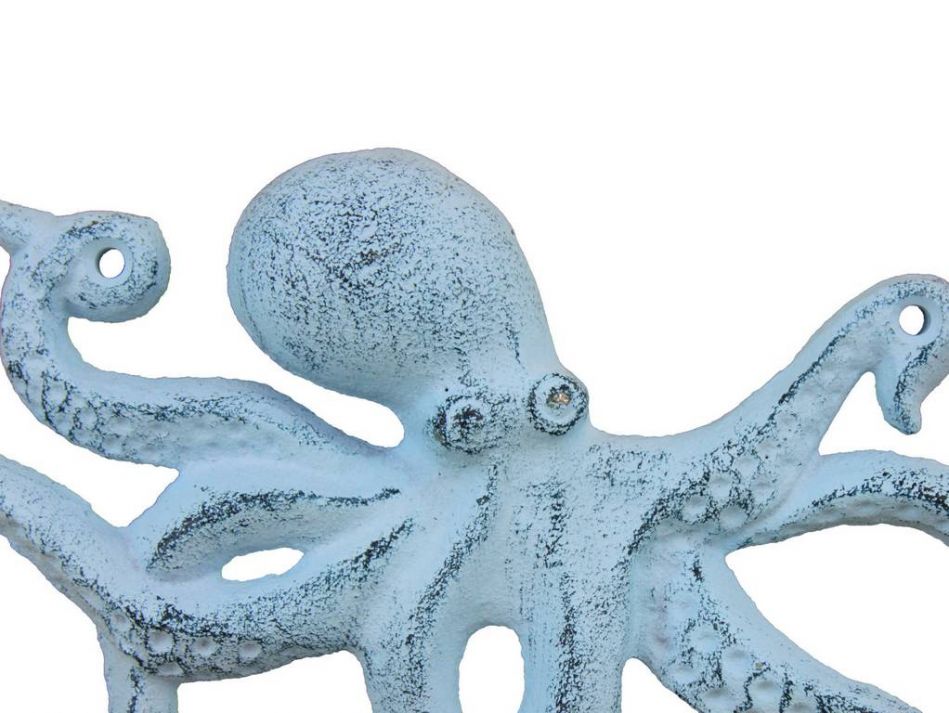 Rustic Dark Blue Whitewashed Cast Iron Octopus Hook 11""