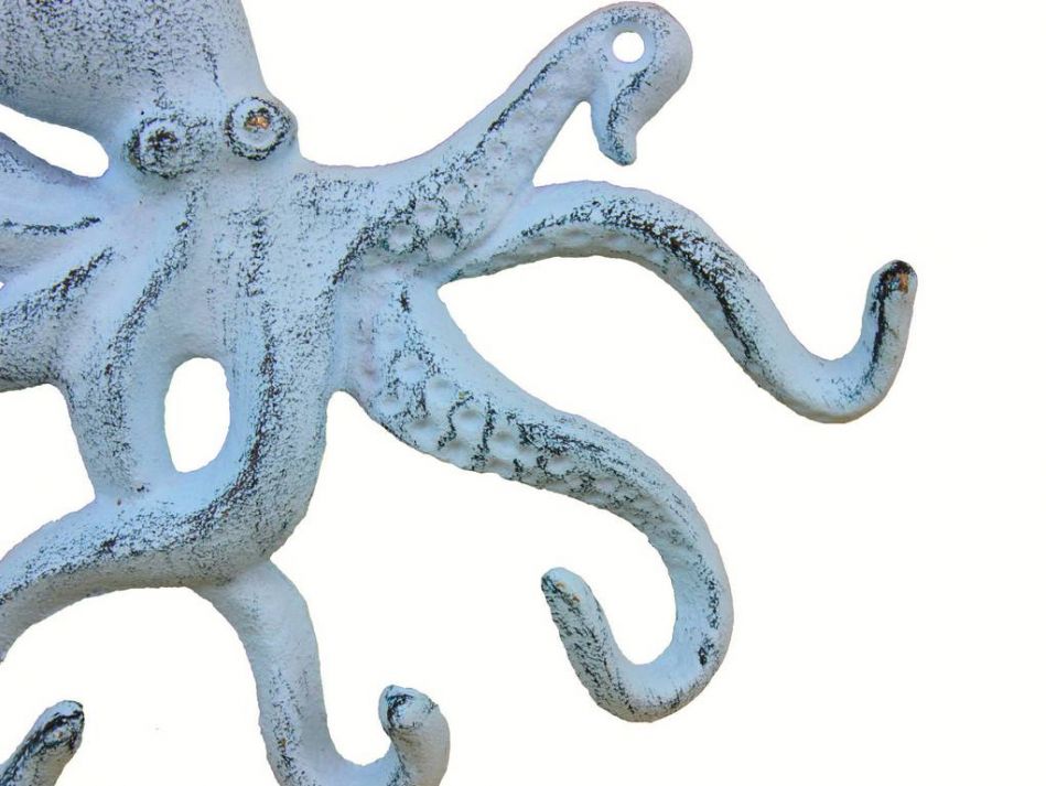 Rustic Dark Blue Whitewashed Cast Iron Octopus Hook 11""