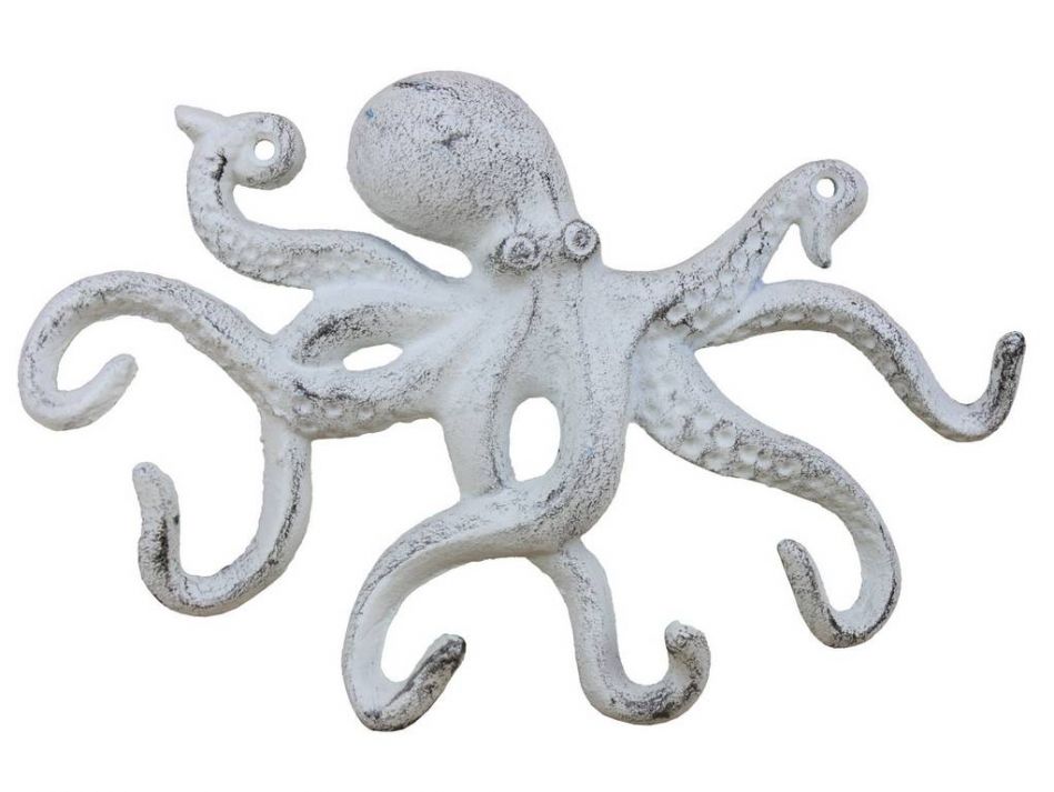 Rustic Whitewashed Cast Iron Octopus Hook 11"