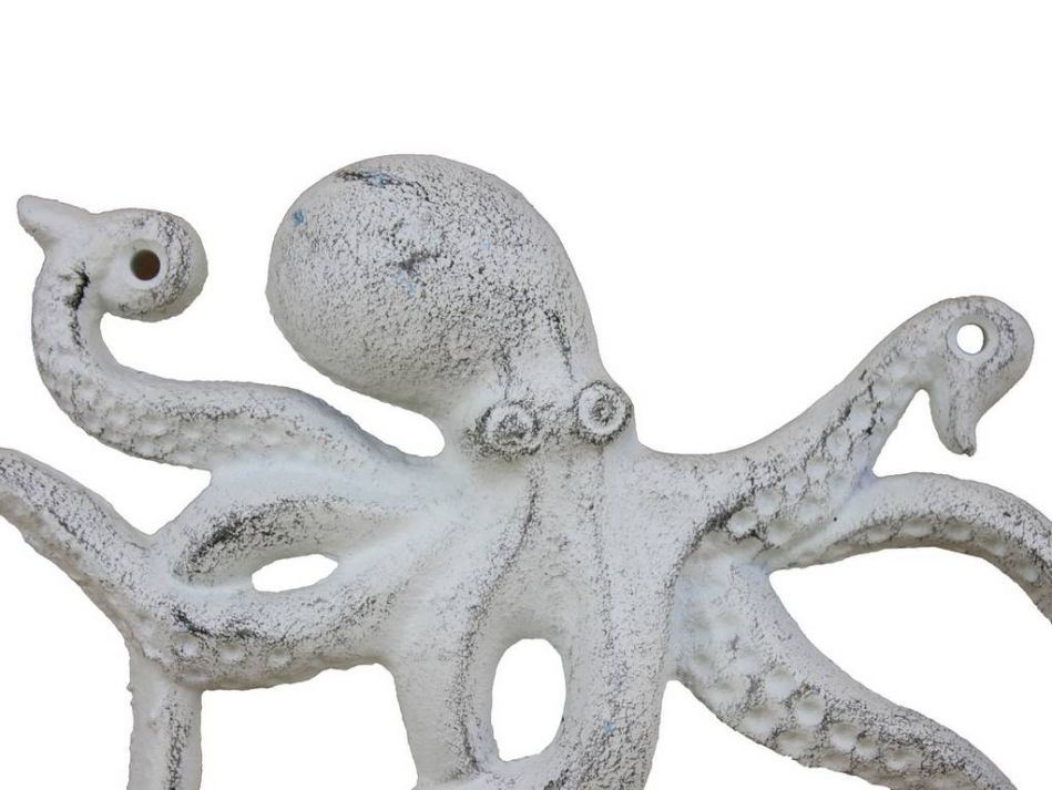 Rustic Whitewashed Cast Iron Octopus Hook 11"