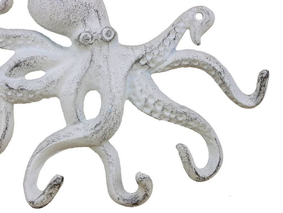 Rustic Whitewashed Cast Iron Octopus Hook 11"