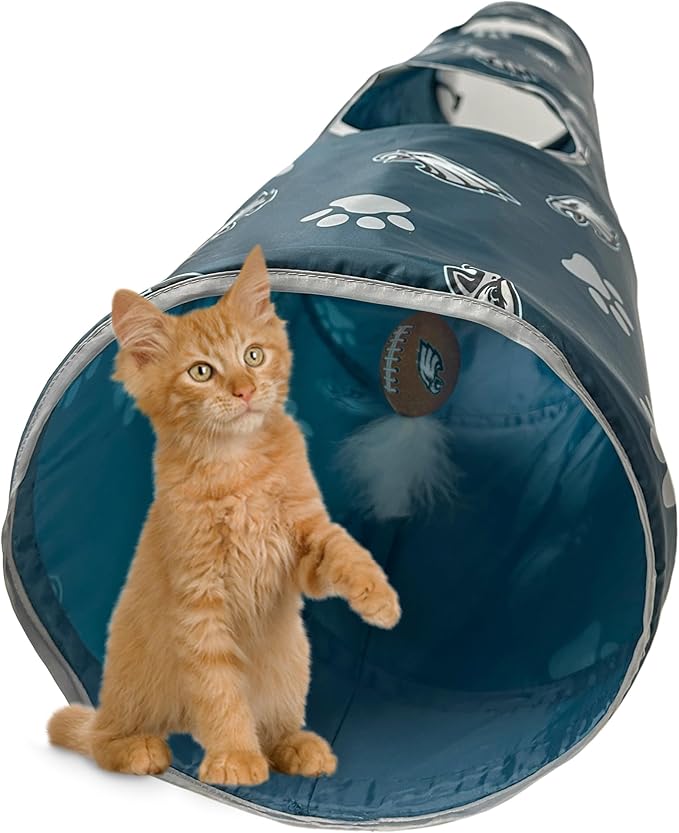 NFL Philadelphia Eagles Cat Tunnel Tube Toy with Plush Football Catnip and Feathers Collapsible Tunnel for Cats to Play, Peek and Hide, Sporty & Fun Cat Tunnel Toy with Team Logo All - Over Design! - PhishStones Products