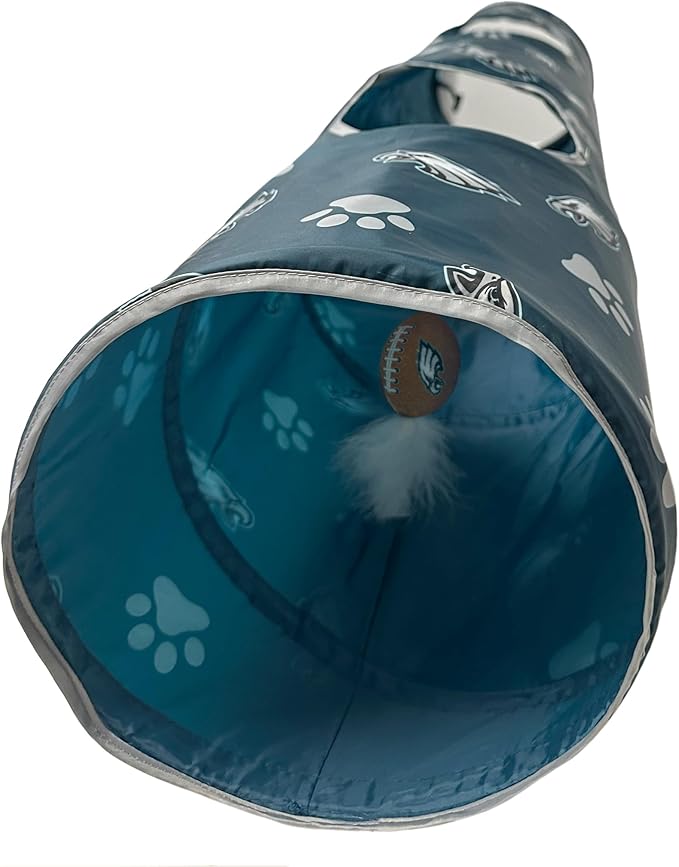 NFL Philadelphia Eagles Cat Tunnel Tube Toy with Plush Football Catnip and Feathers Collapsible Tunnel for Cats to Play, Peek and Hide, Sporty & Fun Cat Tunnel Toy with Team Logo All - Over Design! - PhishStones Products