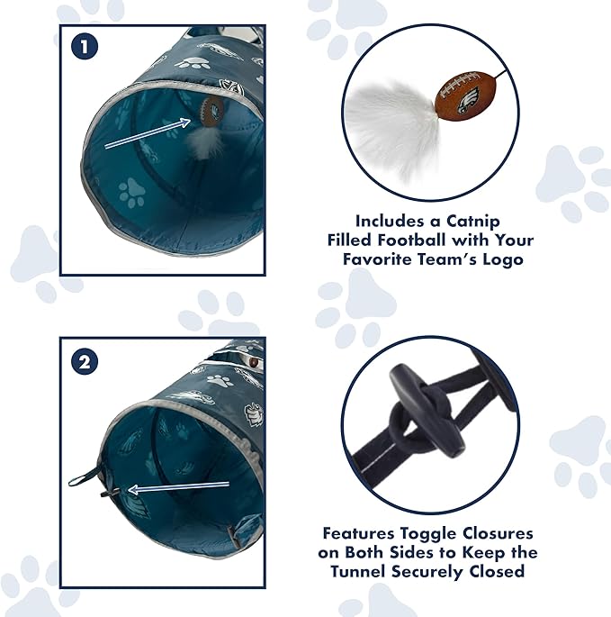 NFL Philadelphia Eagles Cat Tunnel Tube Toy with Plush Football Catnip and Feathers Collapsible Tunnel for Cats to Play, Peek and Hide, Sporty & Fun Cat Tunnel Toy with Team Logo All - Over Design! - PhishStones Products