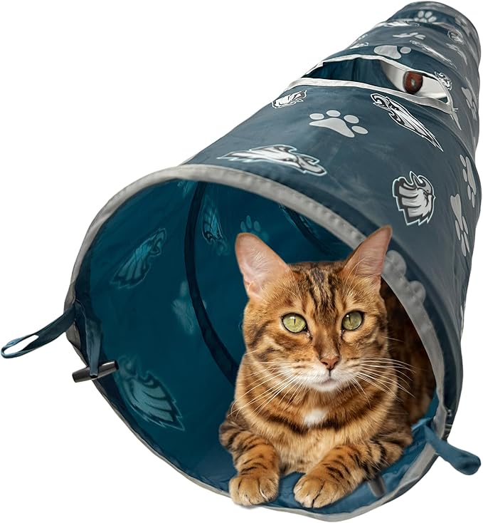 NFL Philadelphia Eagles Cat Tunnel Tube Toy with Plush Football Catnip and Feathers Collapsible Tunnel for Cats to Play, Peek and Hide, Sporty & Fun Cat Tunnel Toy with Team Logo All - Over Design! - PhishStones Products