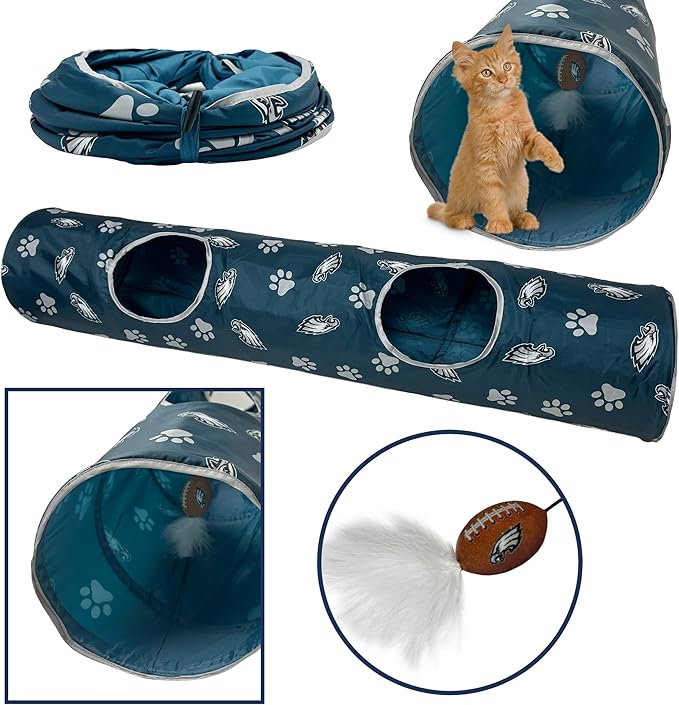 NFL Philadelphia Eagles Cat Tunnel Tube Toy with Plush Football Catnip and Feathers Collapsible Tunnel for Cats to Play, Peek and Hide, Sporty & Fun Cat Tunnel Toy with Team Logo All - Over Design! - PhishStones Products