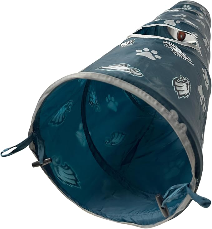 NFL Philadelphia Eagles Cat Tunnel Tube Toy with Plush Football Catnip and Feathers Collapsible Tunnel for Cats to Play, Peek and Hide, Sporty & Fun Cat Tunnel Toy with Team Logo All - Over Design! - PhishStones Products