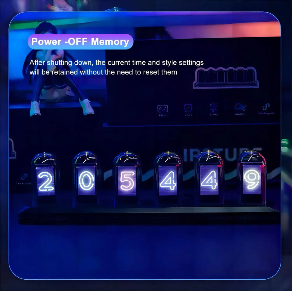 Nixie - Style IPS Tube Clock — RGB LED Night Light, Smart App & Wi‑Fi Control, DIY Display, Weather & Photo Album for Bedroom - PhishStones Products