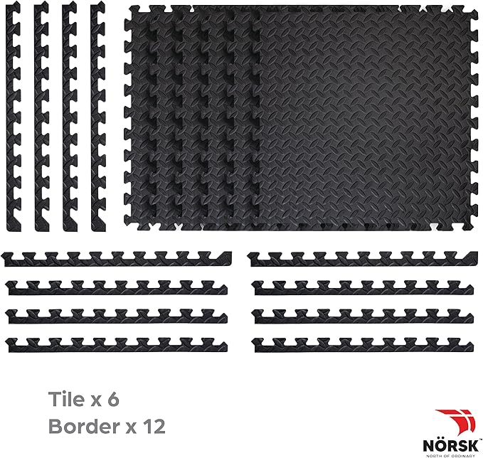 Norsk Foam Floor Gym Mats with Interlocking Tiles, .47" Thick, 24"x24", 24 - Pack, 96 Square Feet, Diamond Plate Design, Black - PhishStones Products