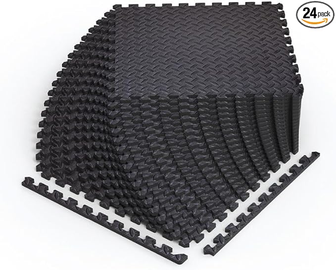 Norsk Foam Floor Gym Mats with Interlocking Tiles, .47" Thick, 24"x24", 24 - Pack, 96 Square Feet, Diamond Plate Design, Black - PhishStones Products