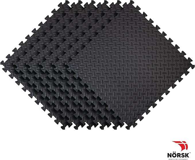 Norsk Foam Floor Gym Mats with Interlocking Tiles, .47" Thick, 24"x24", 24 - Pack, 96 Square Feet, Diamond Plate Design, Black - PhishStones Products