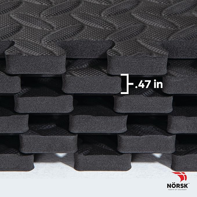 Norsk Foam Floor Gym Mats with Interlocking Tiles, .47" Thick, 24"x24", 24 - Pack, 96 Square Feet, Diamond Plate Design, Black - PhishStones Products