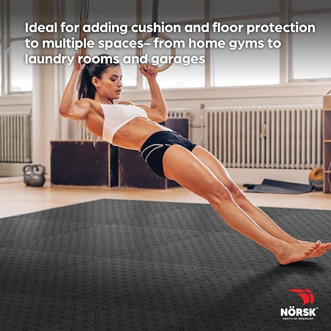 Norsk Foam Floor Gym Mats with Interlocking Tiles, .47" Thick, 24"x24", 24 - Pack, 96 Square Feet, Diamond Plate Design, Black - PhishStones Products