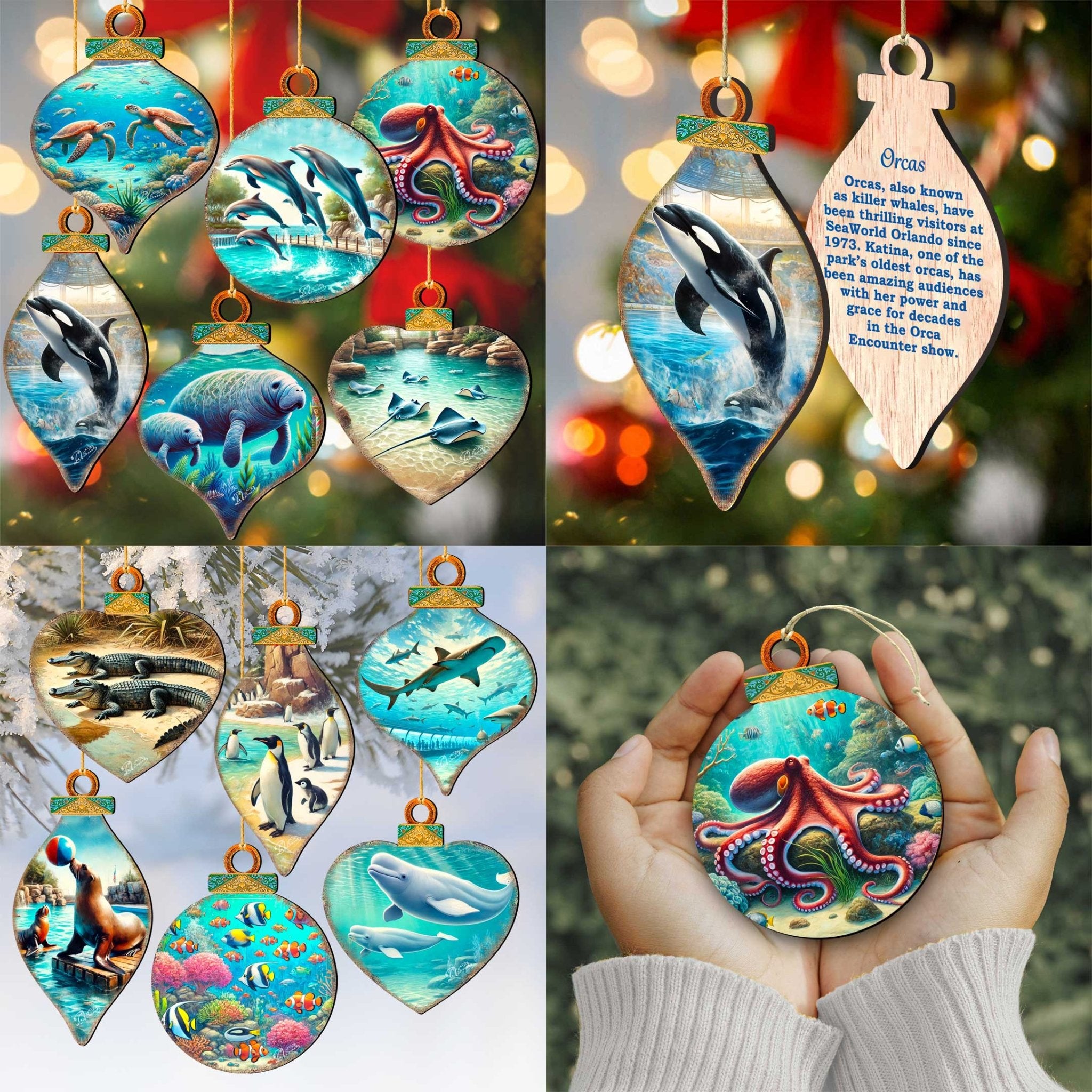 Ocean & Marine Life Eco Wood Christmas Ornaments Set of 12 – Handcrafted Coastal Décor by G.DeBrekht - 8610105 - S12 - PhishStones Products