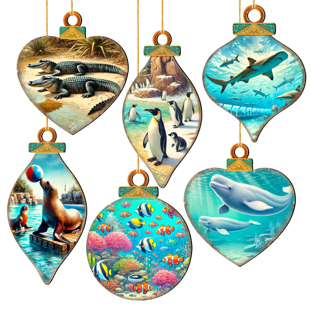 Ocean & Marine Life Eco Wood Christmas Ornaments Set of 12 – Handcrafted Coastal Décor by G.DeBrekht - 8610105 - S12 - PhishStones Products