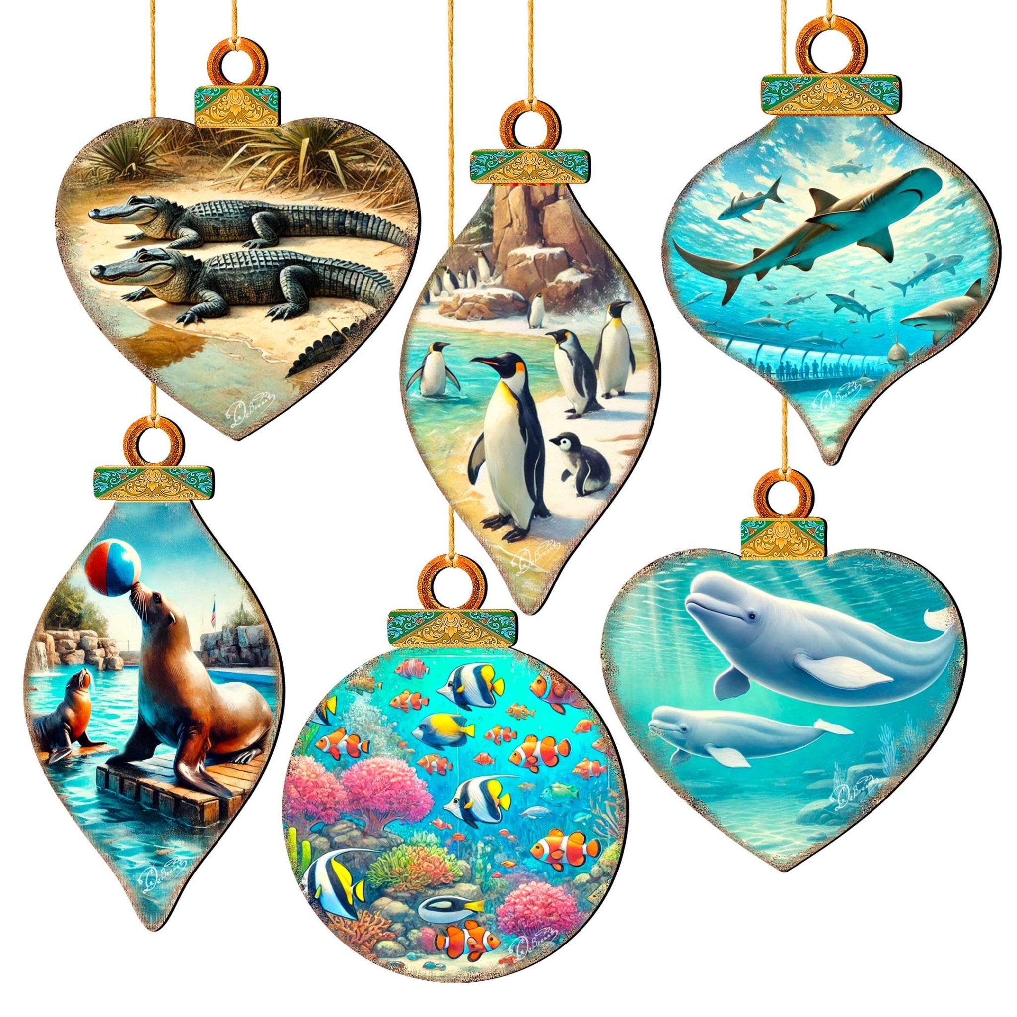 Ocean & Marine Life Eco Wood Christmas Ornaments Set of 12 – Handcrafted Coastal Décor by G.DeBrekht - 8610105 - S12 - PhishStones Products