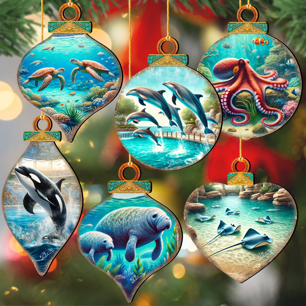 Ocean & Marine Life Eco Wood Christmas Ornaments Set of 12 – Handcrafted Coastal Décor by G.DeBrekht - 8610105 - S12 - PhishStones Products