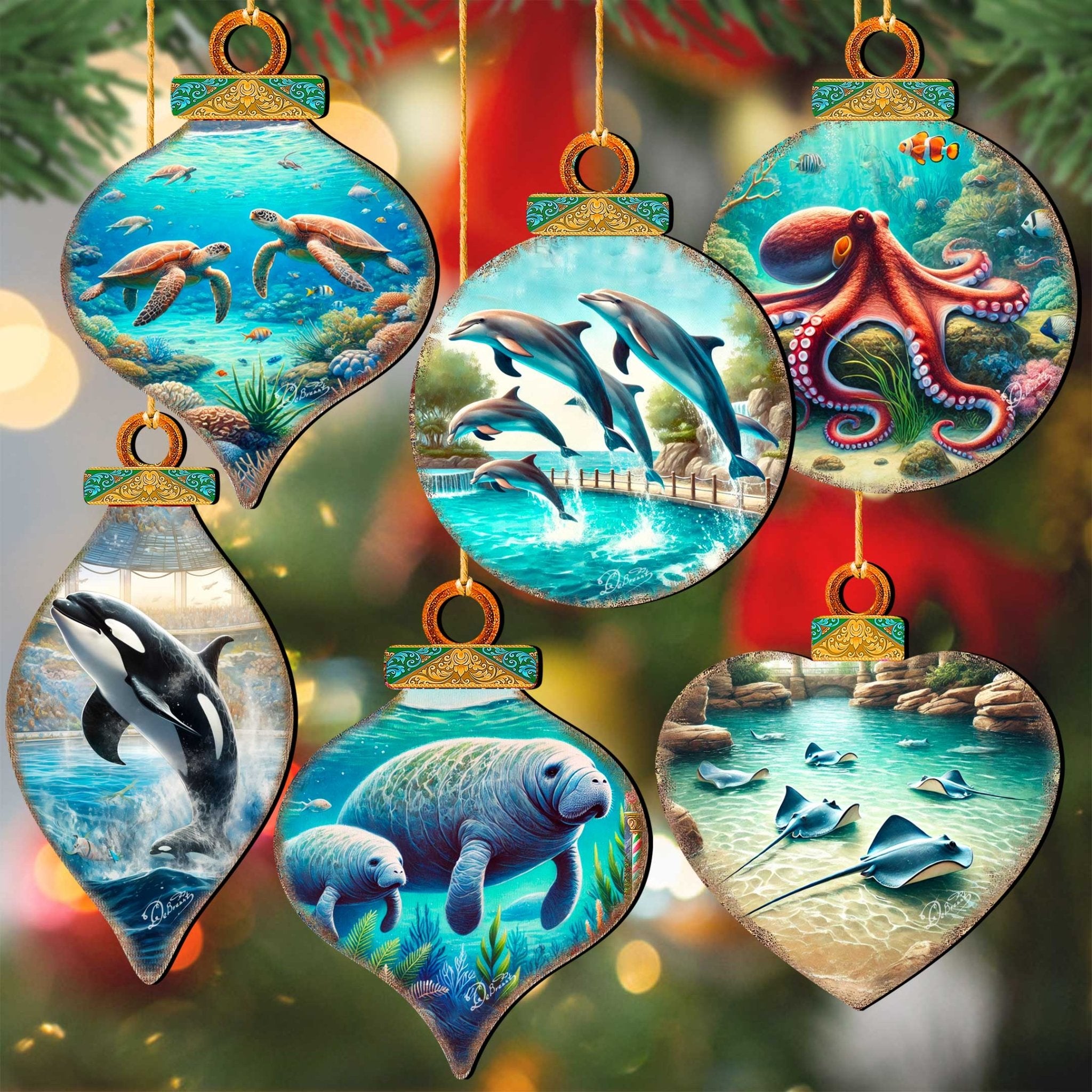 Ocean & Marine Life Eco Wood Christmas Ornaments Set of 12 – Handcrafted Coastal Décor by G.DeBrekht - 8610105 - S12 - PhishStones Products