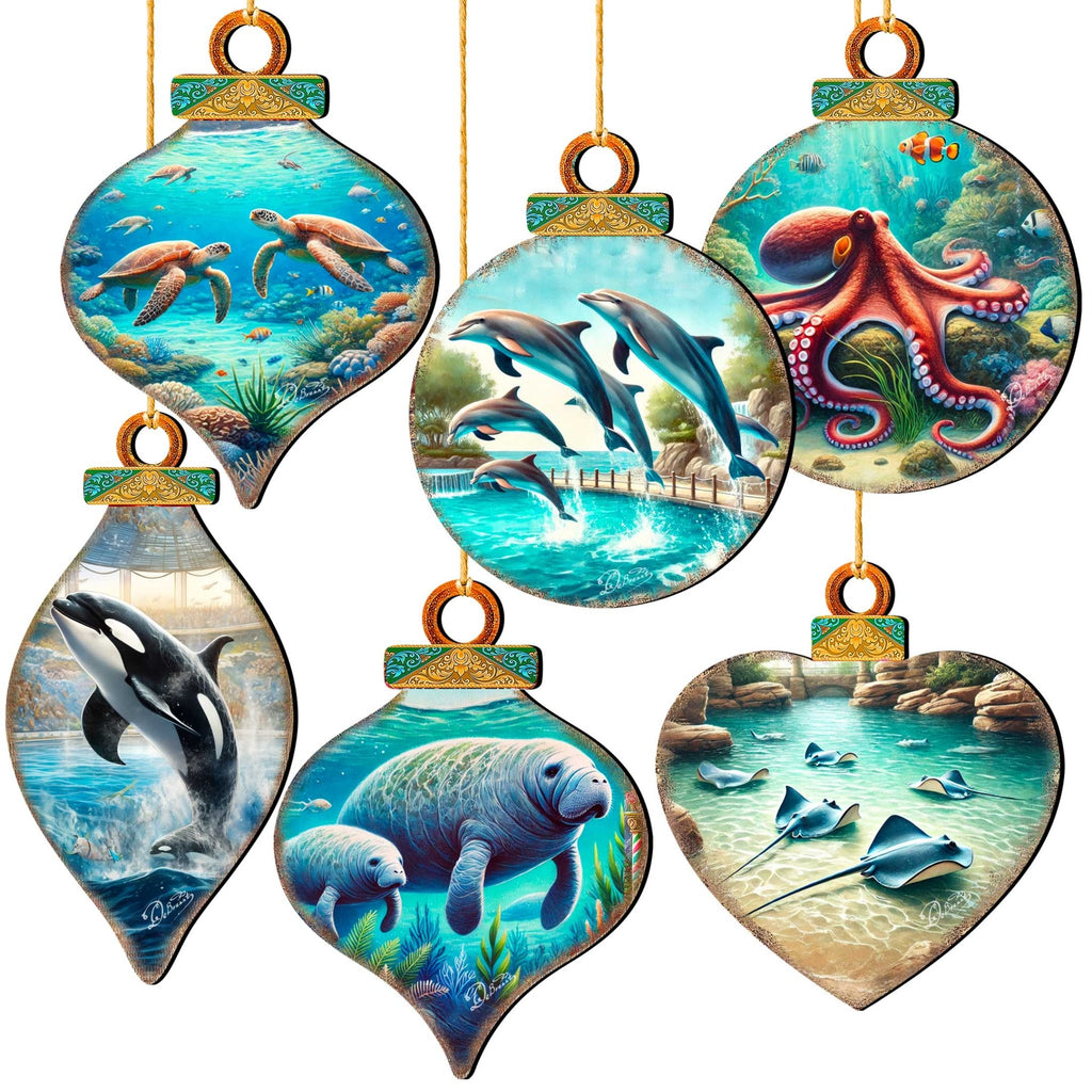Ocean & Marine Life Eco Wood Christmas Ornaments Set of 12 – Handcrafted Coastal Décor by G.DeBrekht - 8610105 - S12 - PhishStones Products