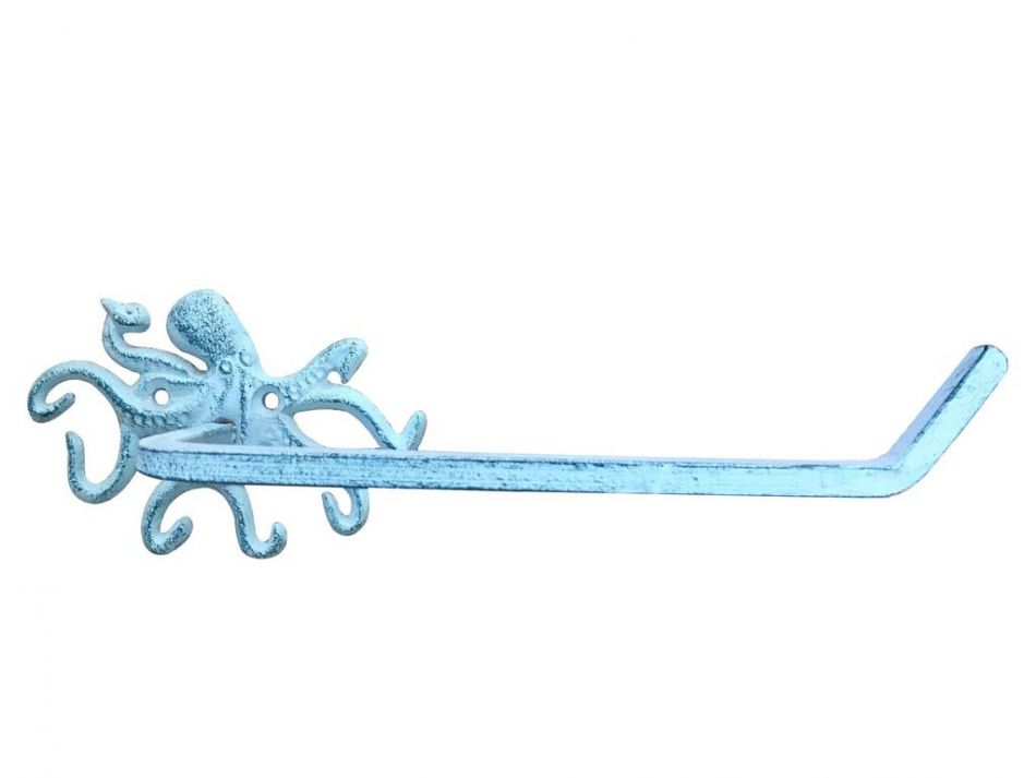 Dark Blue Whitewashed Cast Iron Octopus Toilet Paper Holder 11""