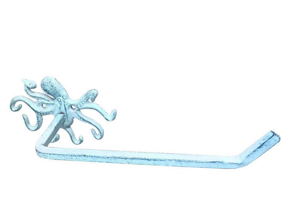 Dark Blue Whitewashed Cast Iron Octopus Toilet Paper Holder 11""