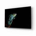 Turquoise Chameleon On Branch Black Glass Wall Art