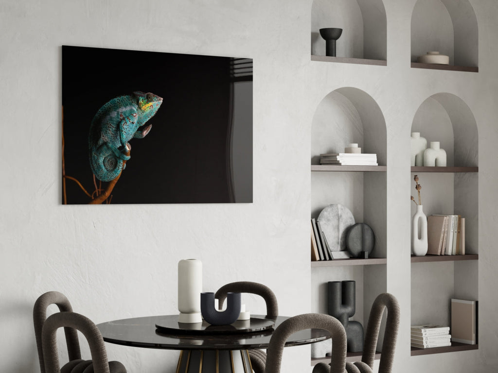 Turquoise Chameleon On Branch Black Glass Wall Art