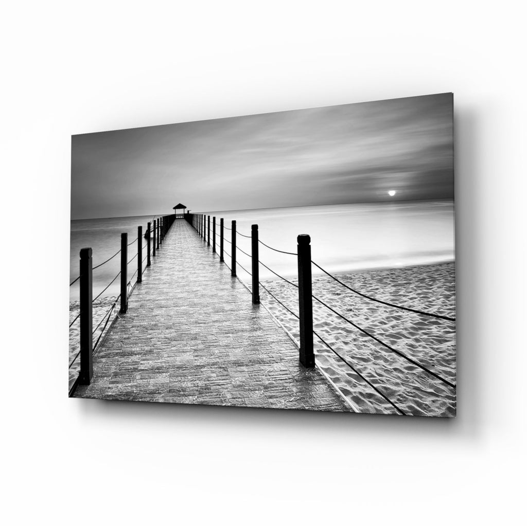 Black White Beach Boardwalk Ropes Glass Wall Art