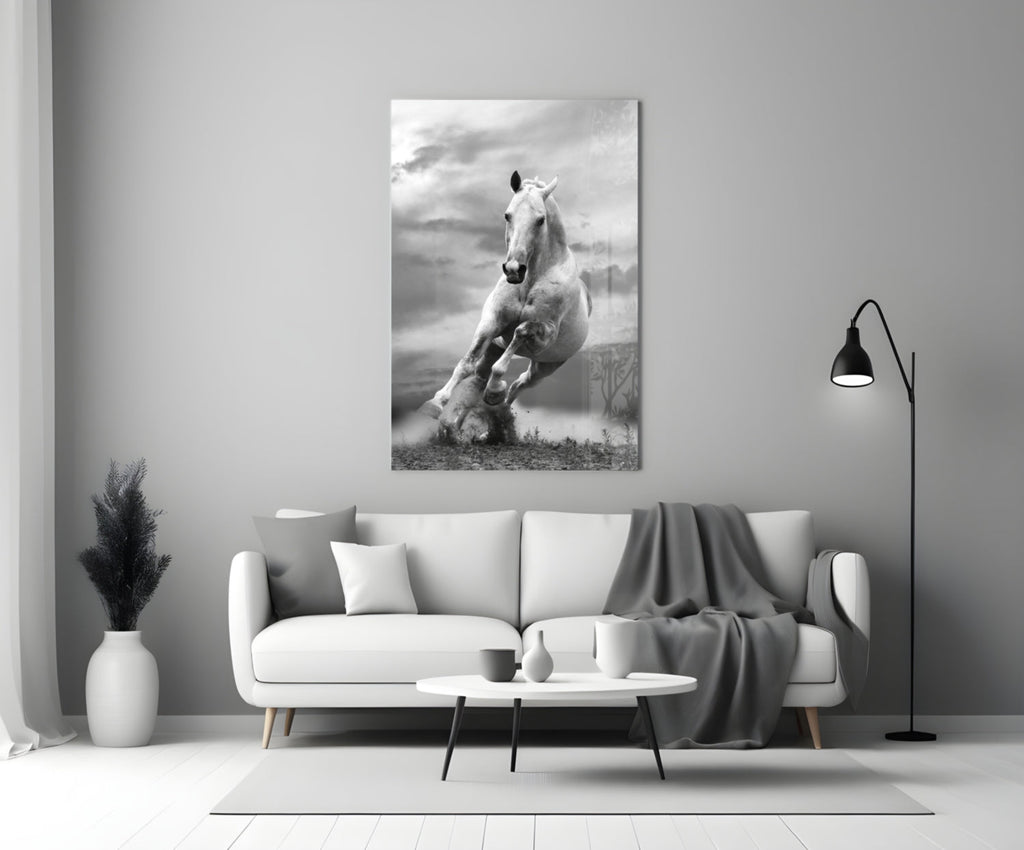 Tall White Stallion In Motion Glass Wall Art