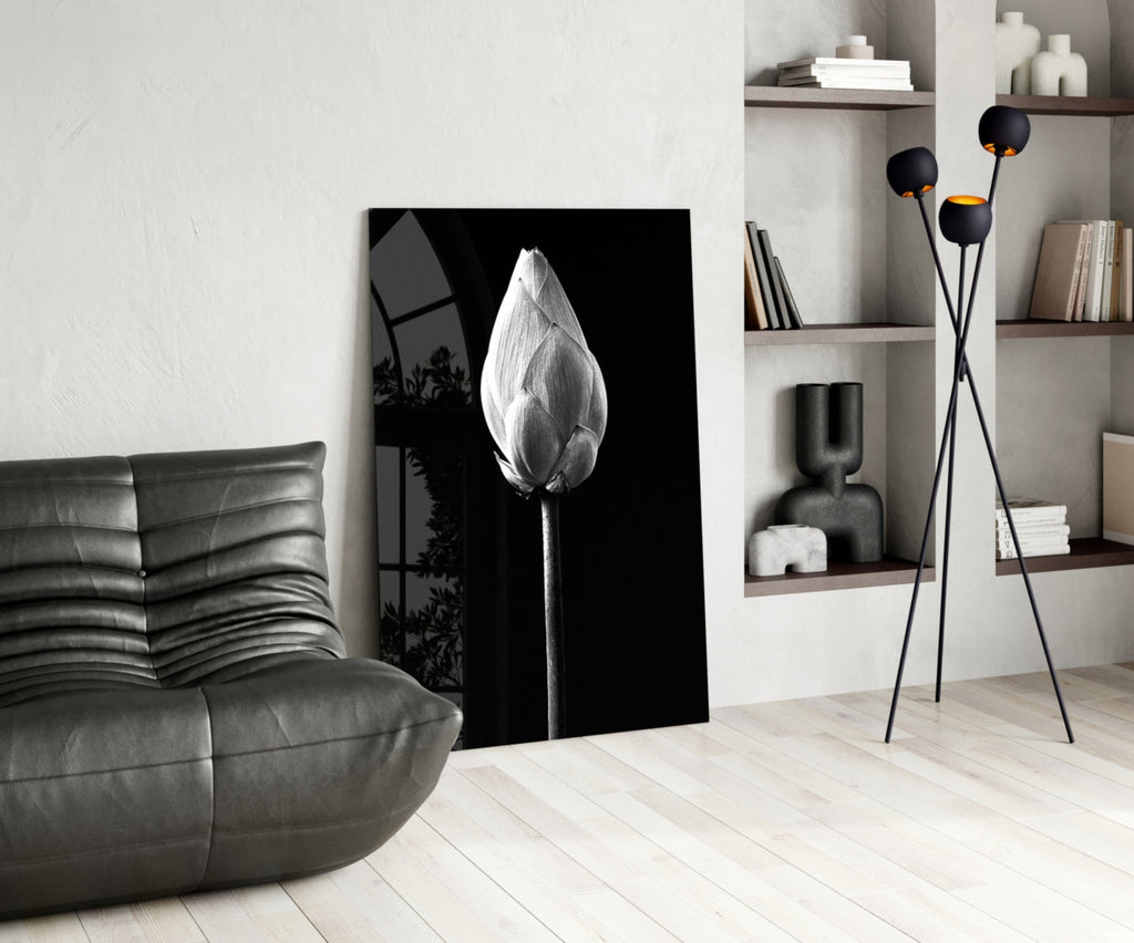 Monochrome Lotus Bud Glass Wall Art