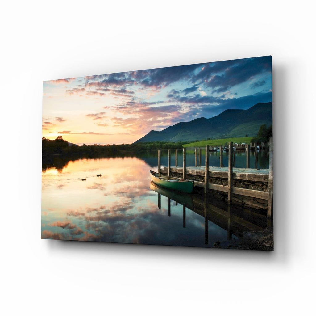 Green Canoe At Dusk Lake Dock Glass Wall Art