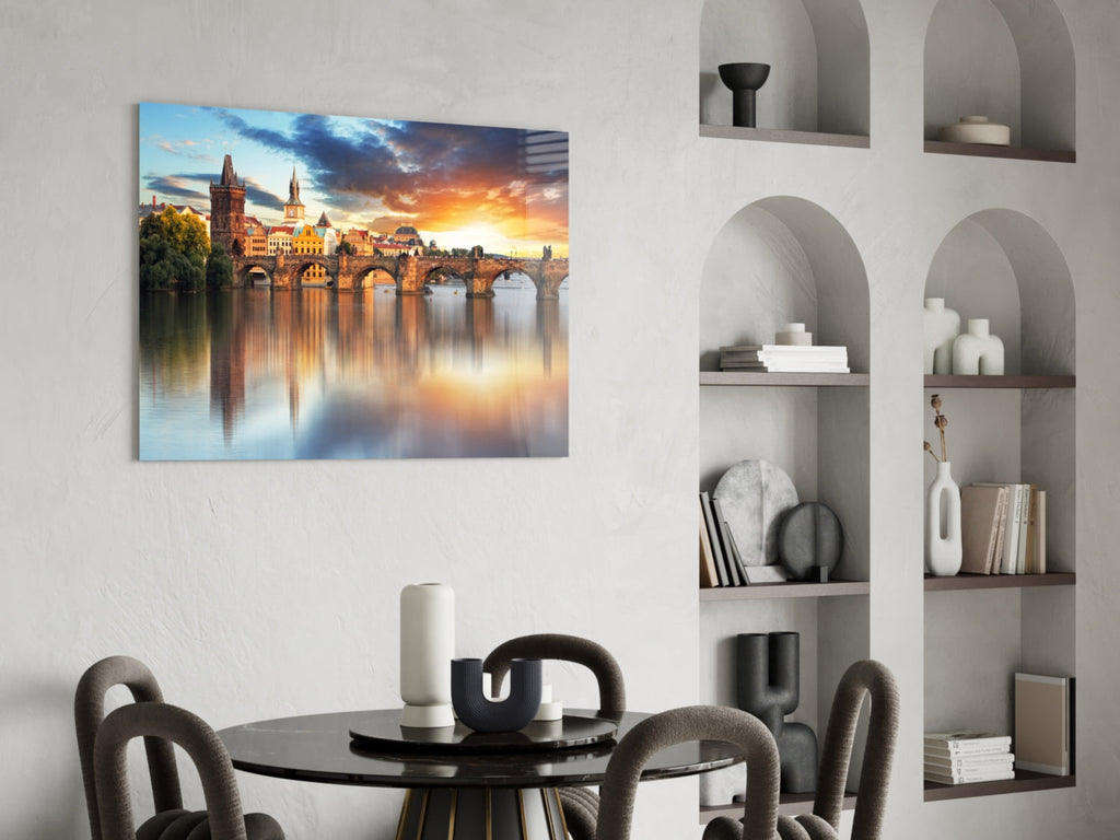 Stone Arch Bridge Prague Sunrise Glass Wall Art