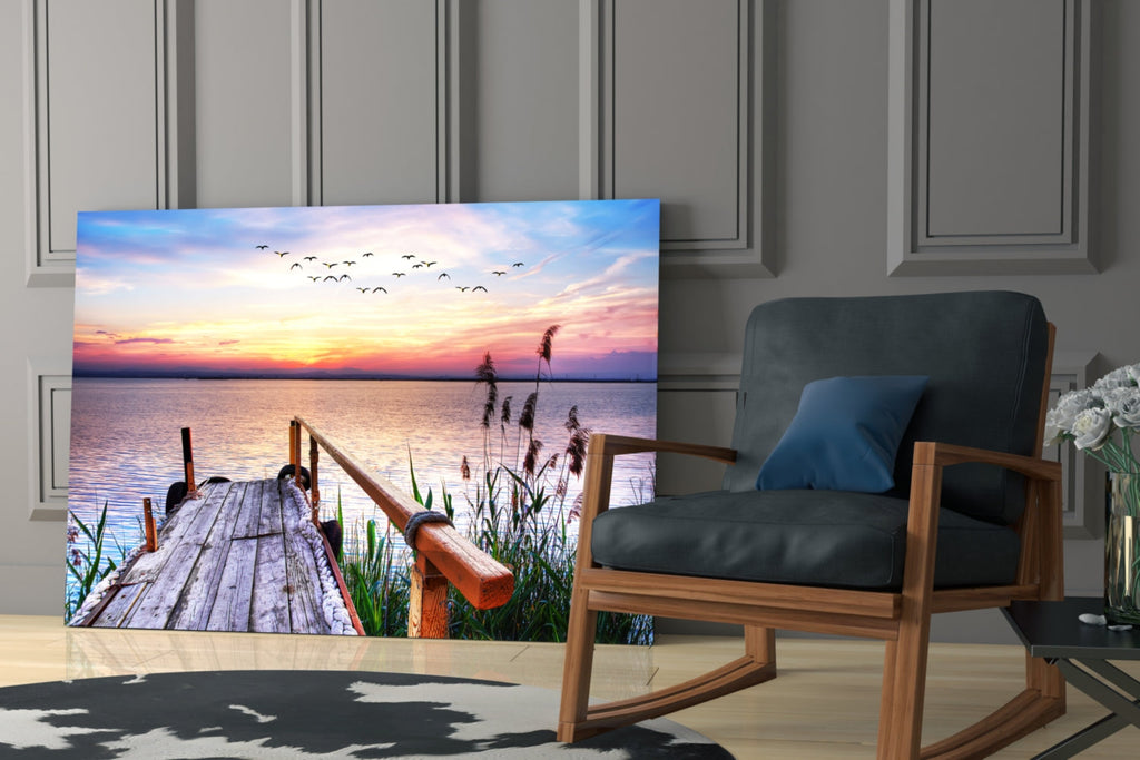Pastel Sunset Reeds Rustic Dock Glass Wall Art