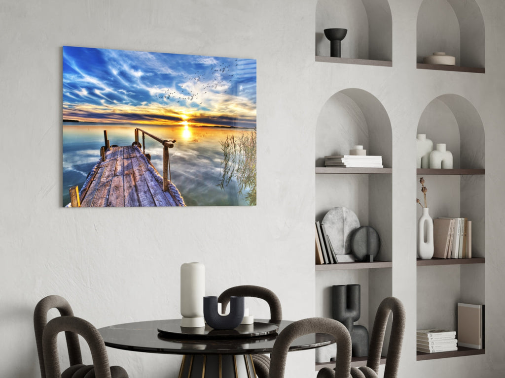 Vivid Blue Sky Sunset Dock Glass Wall Art