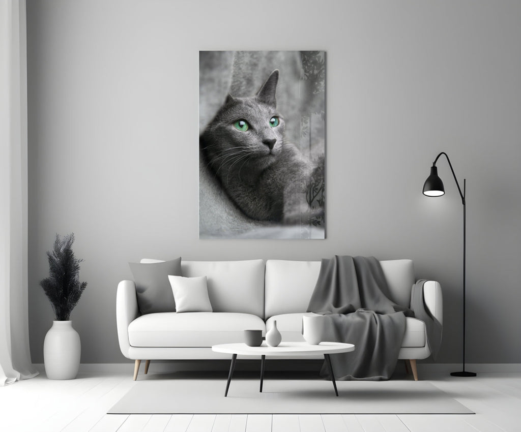 Green Eyed Gray Cat Glass Wall Art