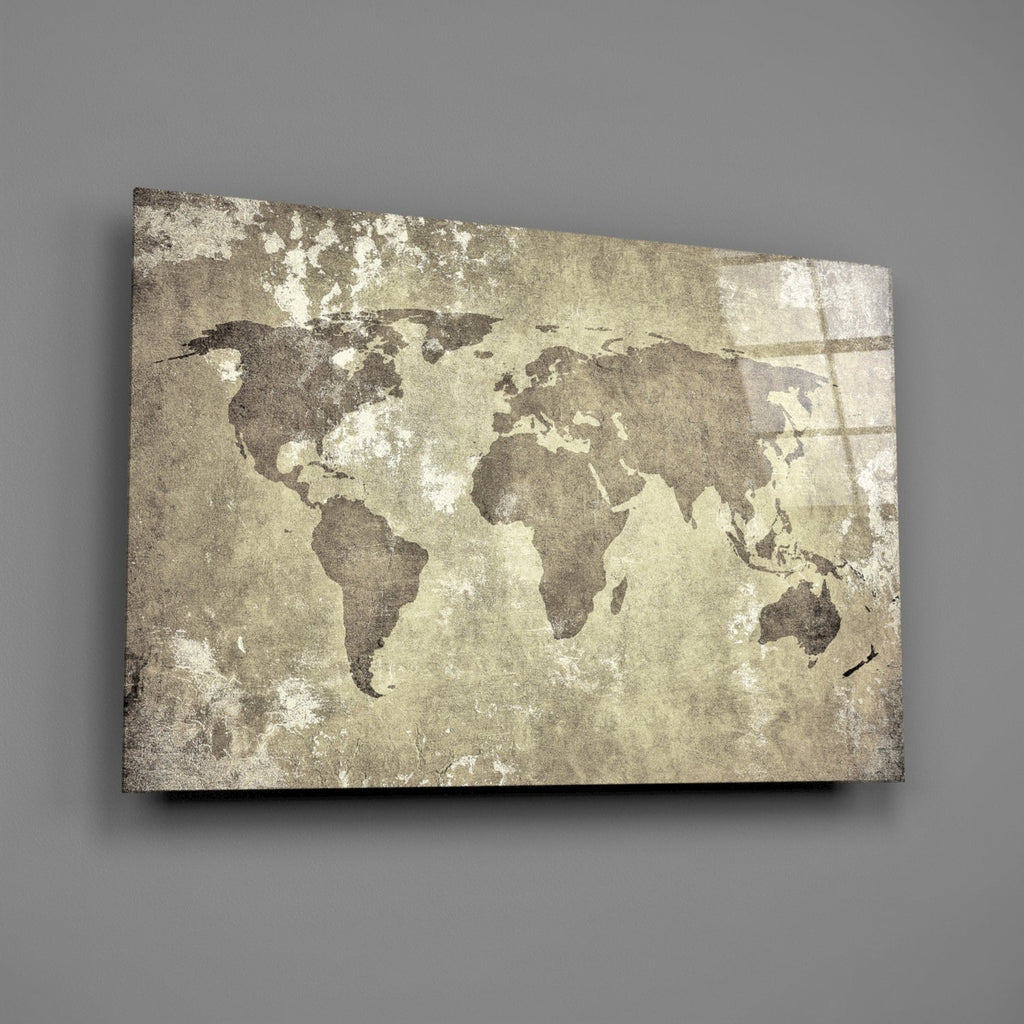 Vintage Distressed Beige World Map Glass Wall Art