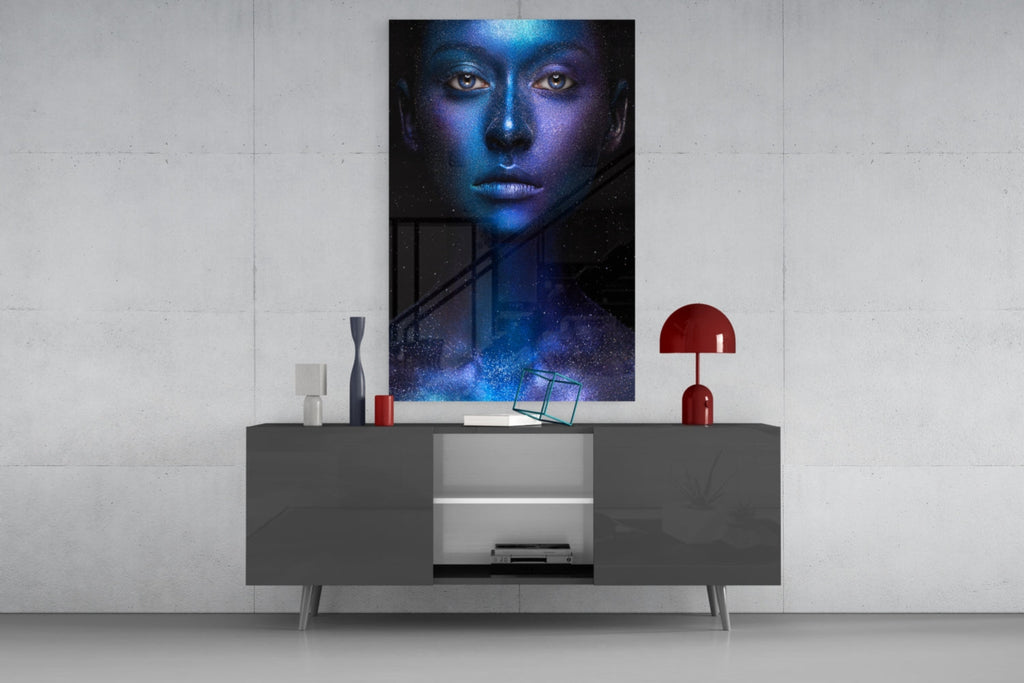 Cosmic Blue Glitter Face Glass Wall Art