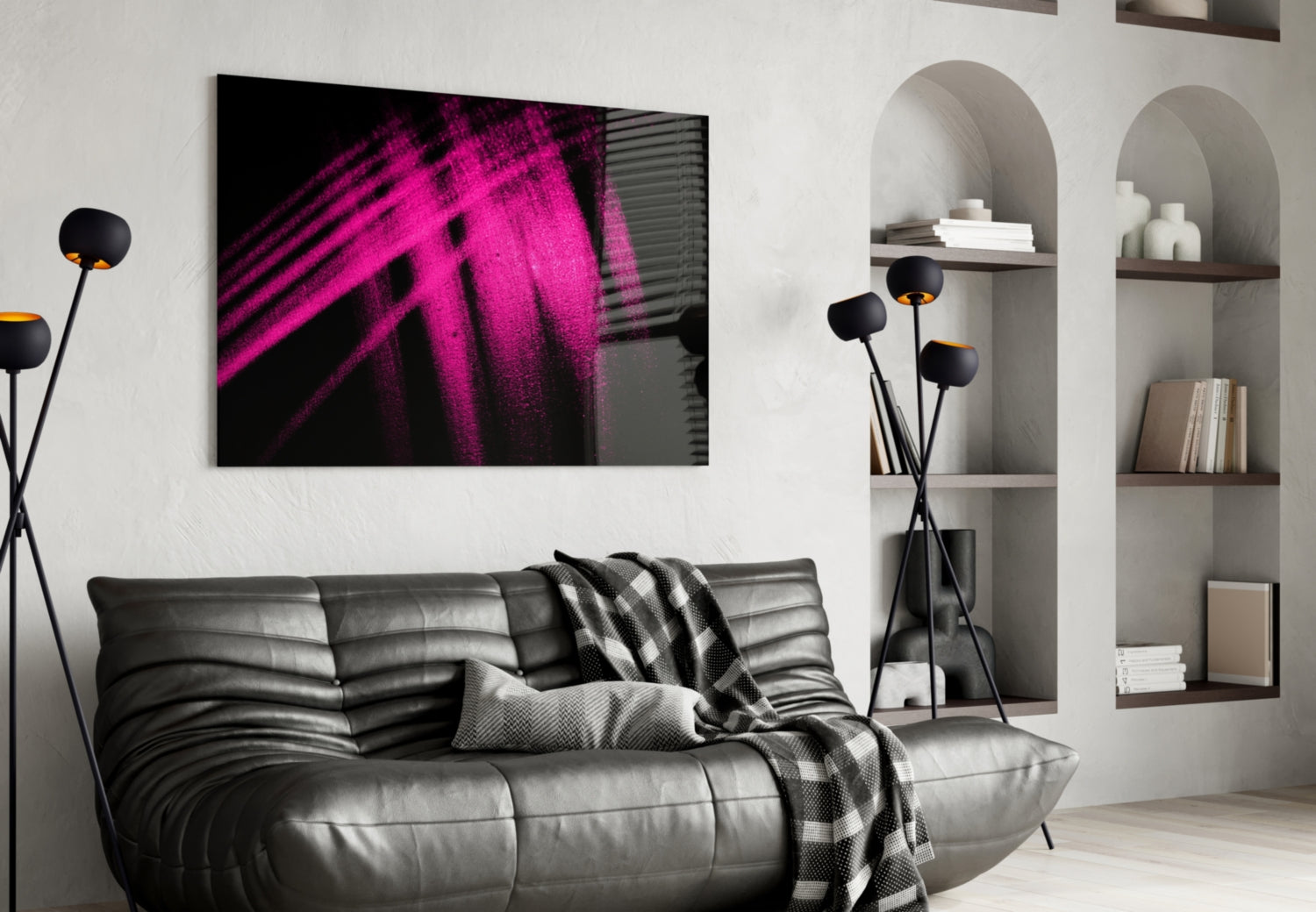 Magenta Powder Streaks on Black Glass Wall Art