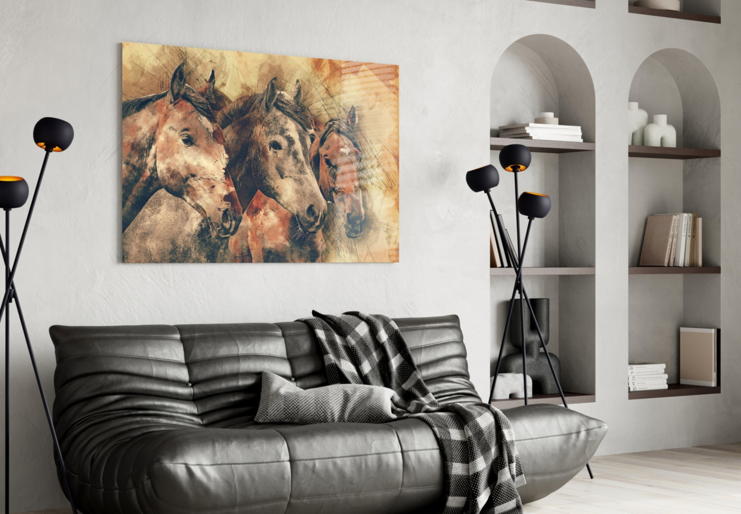 Three Horse Heads Sepia Sketch Glass Wall Art
