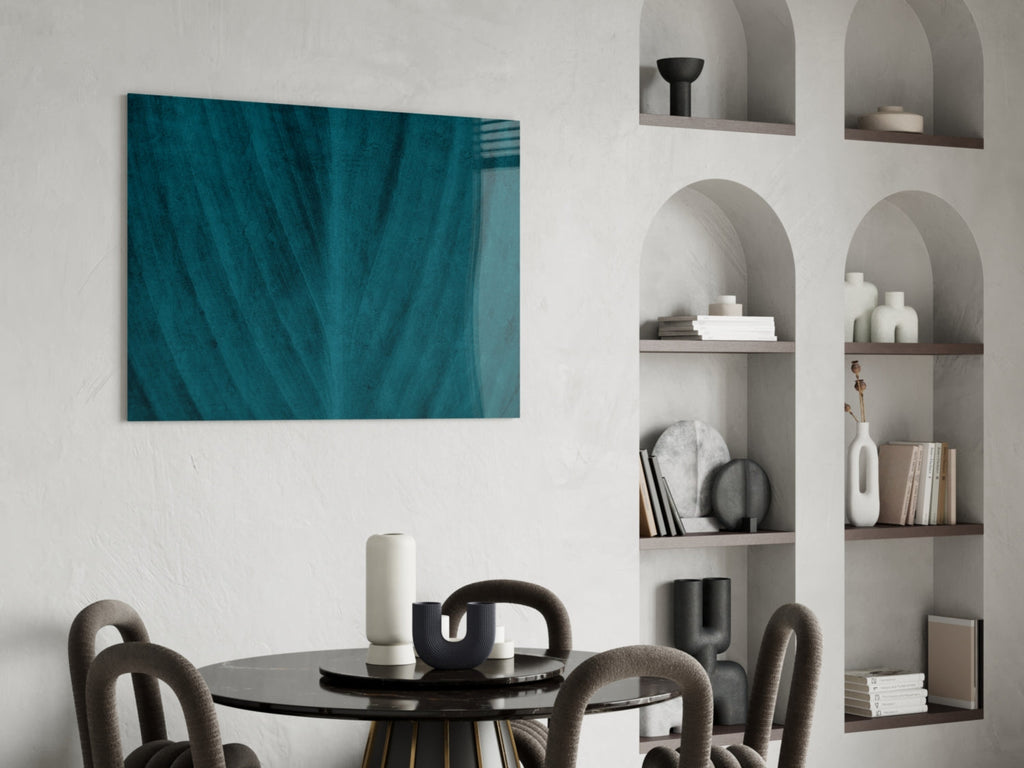 Deep Teal Leaf Texture Close Up Glass Wall Art