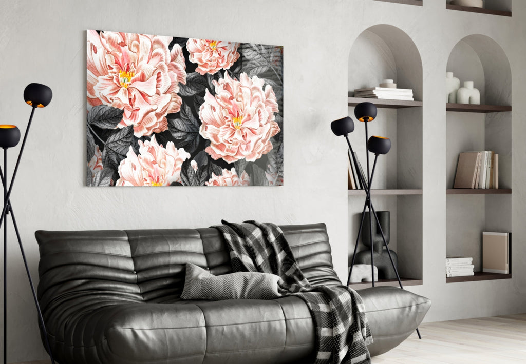 Coral Peony Vintage Pattern Glass Wall Art