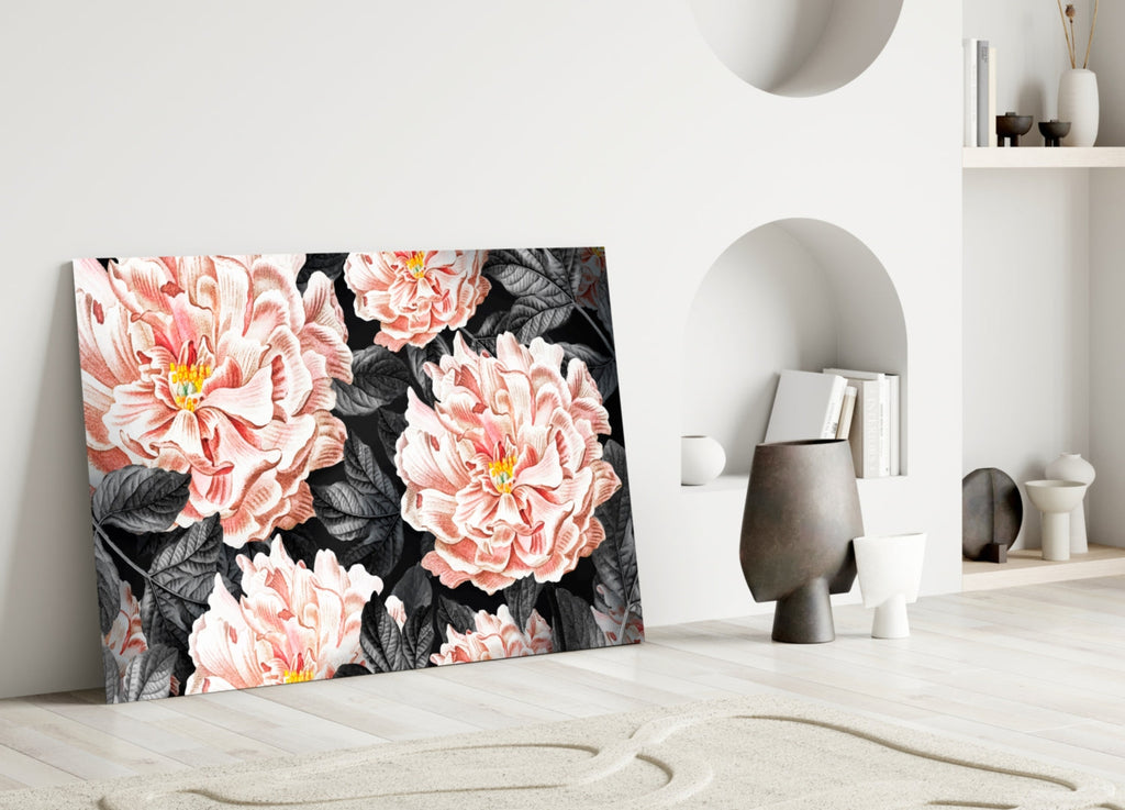 Coral Peony Vintage Pattern Glass Wall Art