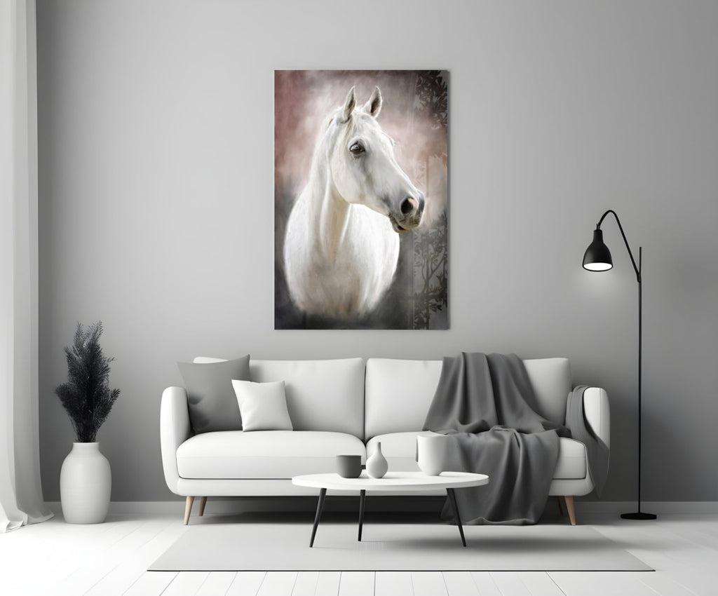 Serene White Horse Portrait Glass Wall Art
