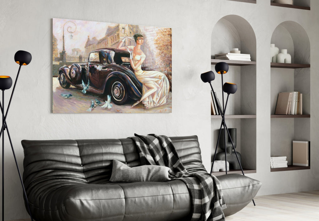 Ivory Gown Lady Black Classic Car Glass Wall Art