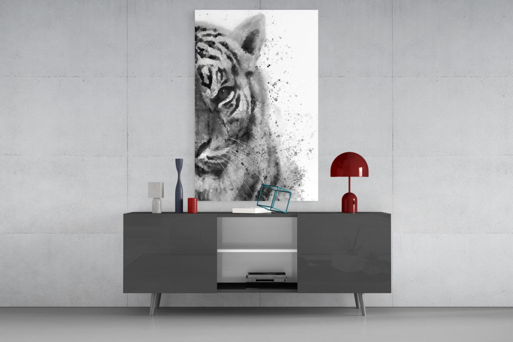 Ink Splatter Tiger Head Glass Wall Art